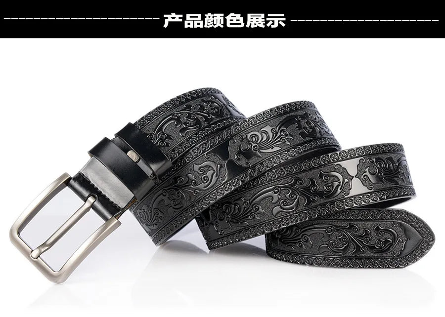 Men's carve pattern Genuine Leather Belt pin buckle waistband Pure Cowhide Jeans Vintage Punk Luxury Fashion High-grade belt