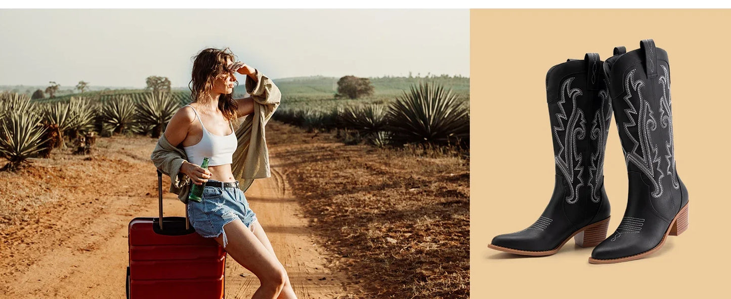 Women's Cowboy Boots Western Cowgirl Boots Fashion Embroidered Pointed Toe Chunky Heel Mid Calf Boots