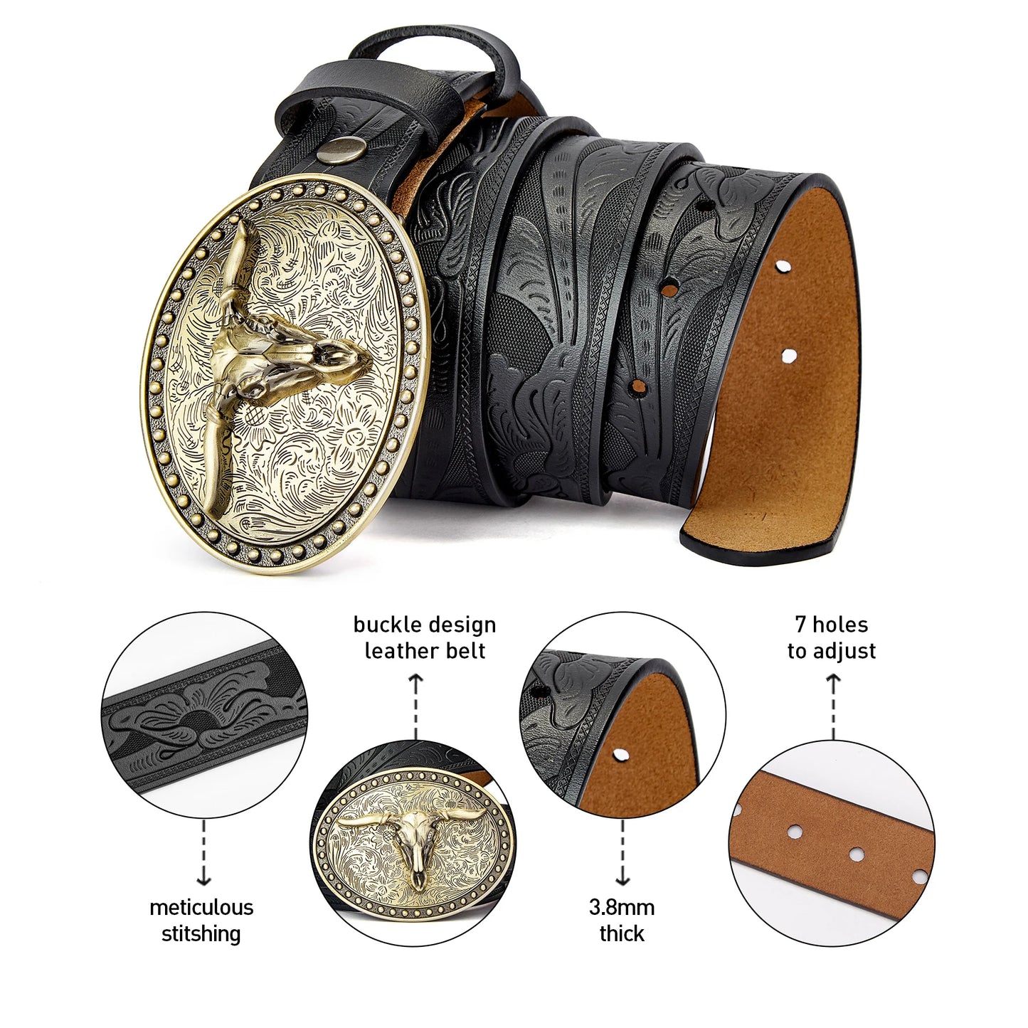 Men's Western Embossed Genuine Leather Belts with Golden Cowboy Longhorn Bull Buckle Belt Business Waist Straps For Men Droping