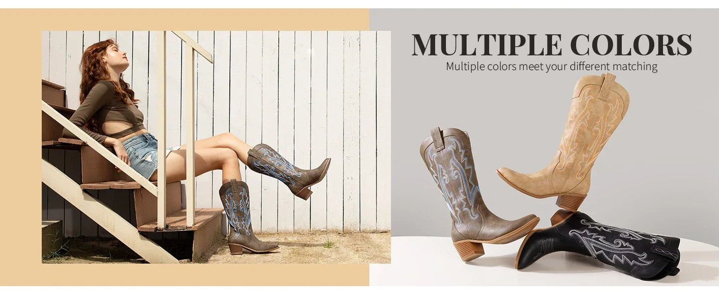 Women's Cowboy Boots Western Cowgirl Boots Fashion Embroidered Pointed Toe Chunky Heel Mid Calf Boots