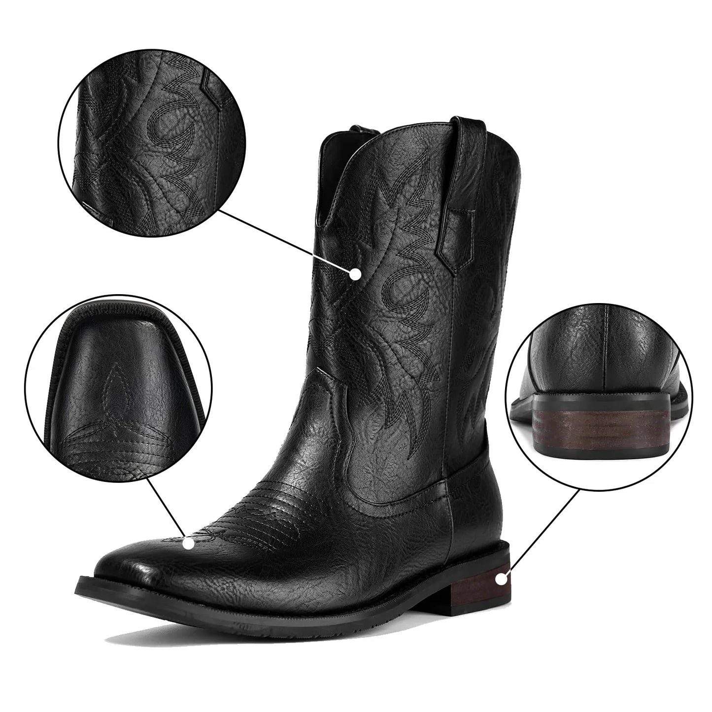 Men's Western Cowboy Boots: Classic Embroidered Slip-On with Square Toe