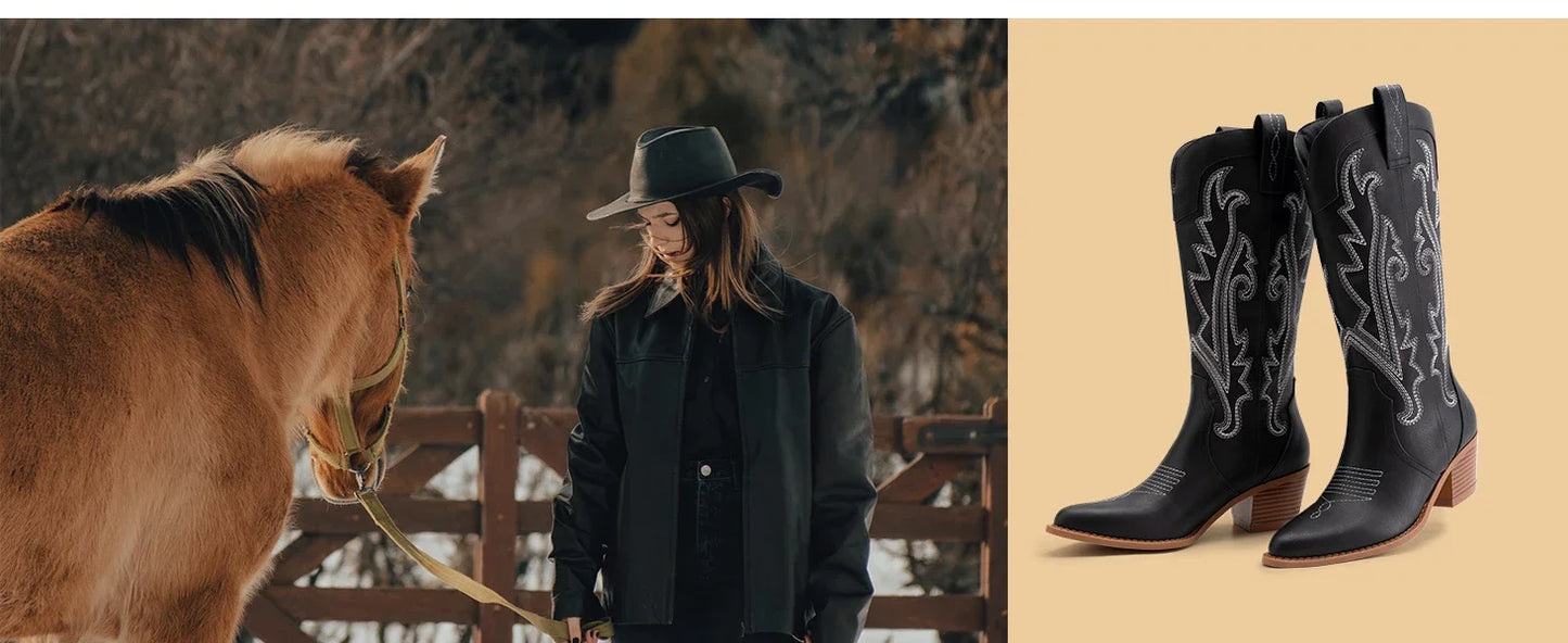 Women's Cowboy Boots Western Cowgirl Boots Fashion Embroidered Pointed Toe Chunky Heel Mid Calf Boots