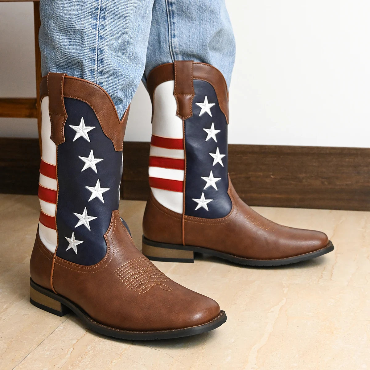 Men's Trendy High Top Cowboys Boots With Stars And Stripes Pattern