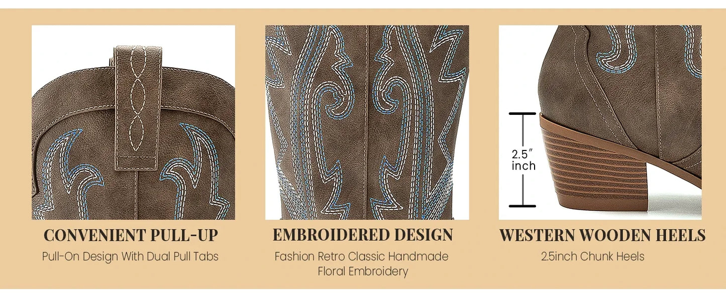 Women's Cowboy Boots Western Cowgirl Boots Fashion Embroidered Pointed Toe Chunky Heel Mid Calf Boots