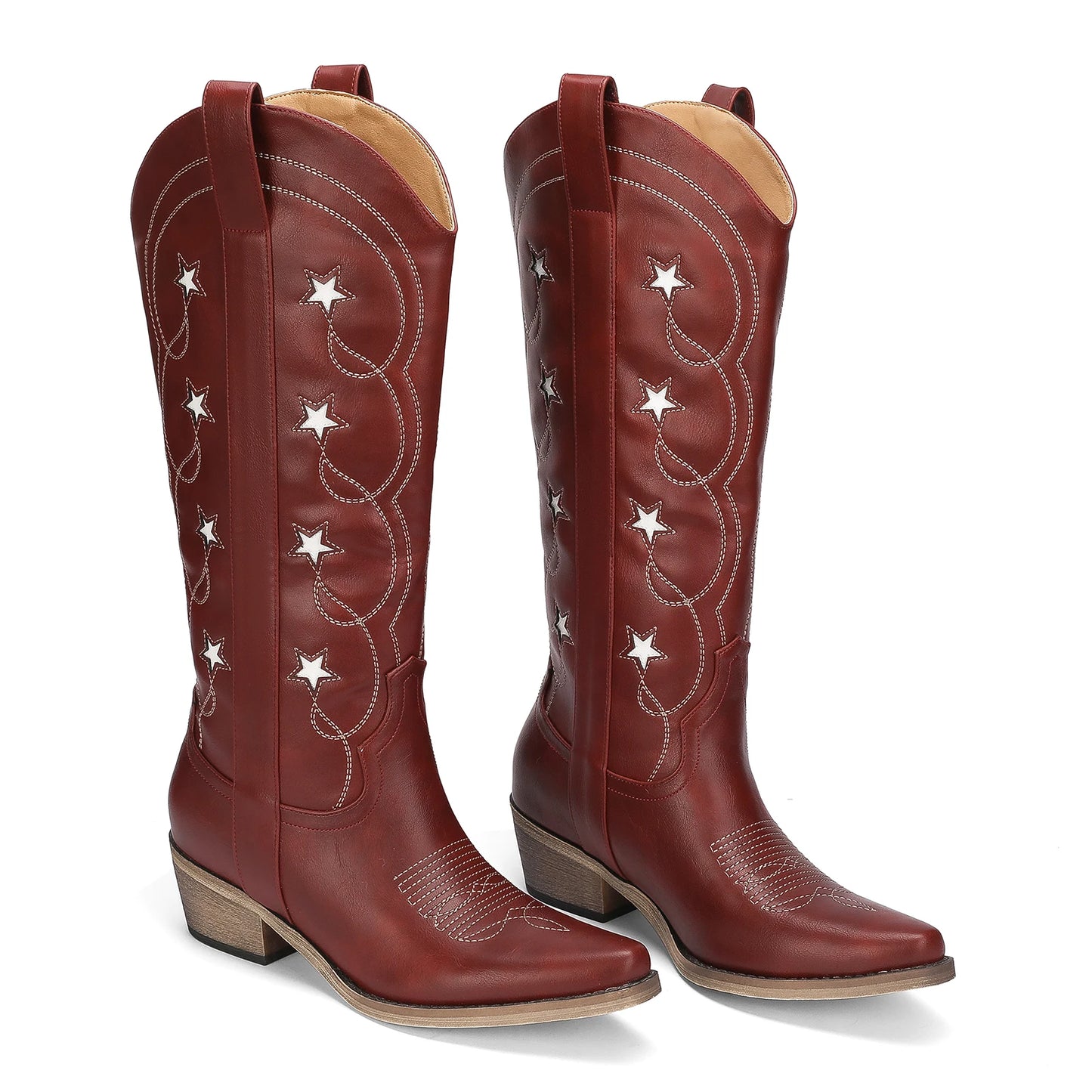 Red Women's Cowboy Boots – Knee-High, Star Embroidery, Chunky Heel, Pointed Toe
