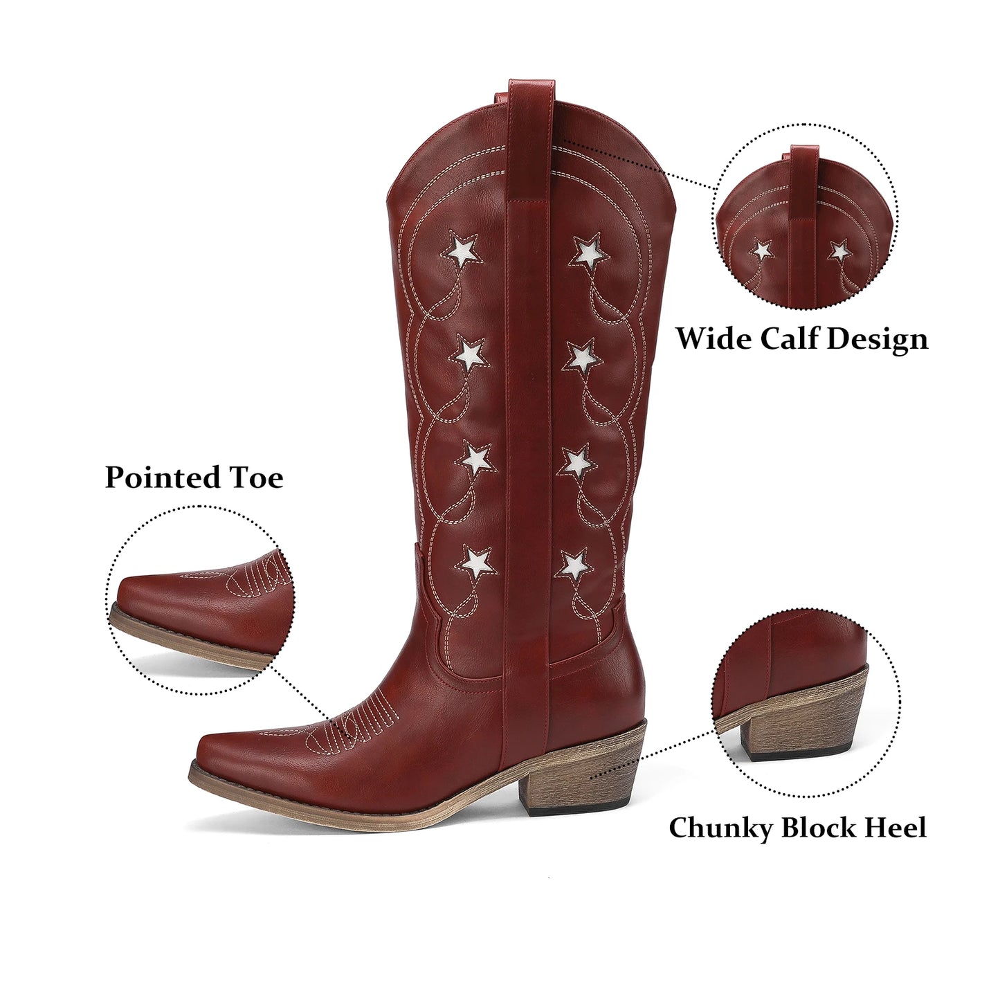 Red Women's Cowboy Boots – Knee-High, Star Embroidery, Chunky Heel, Pointed Toe