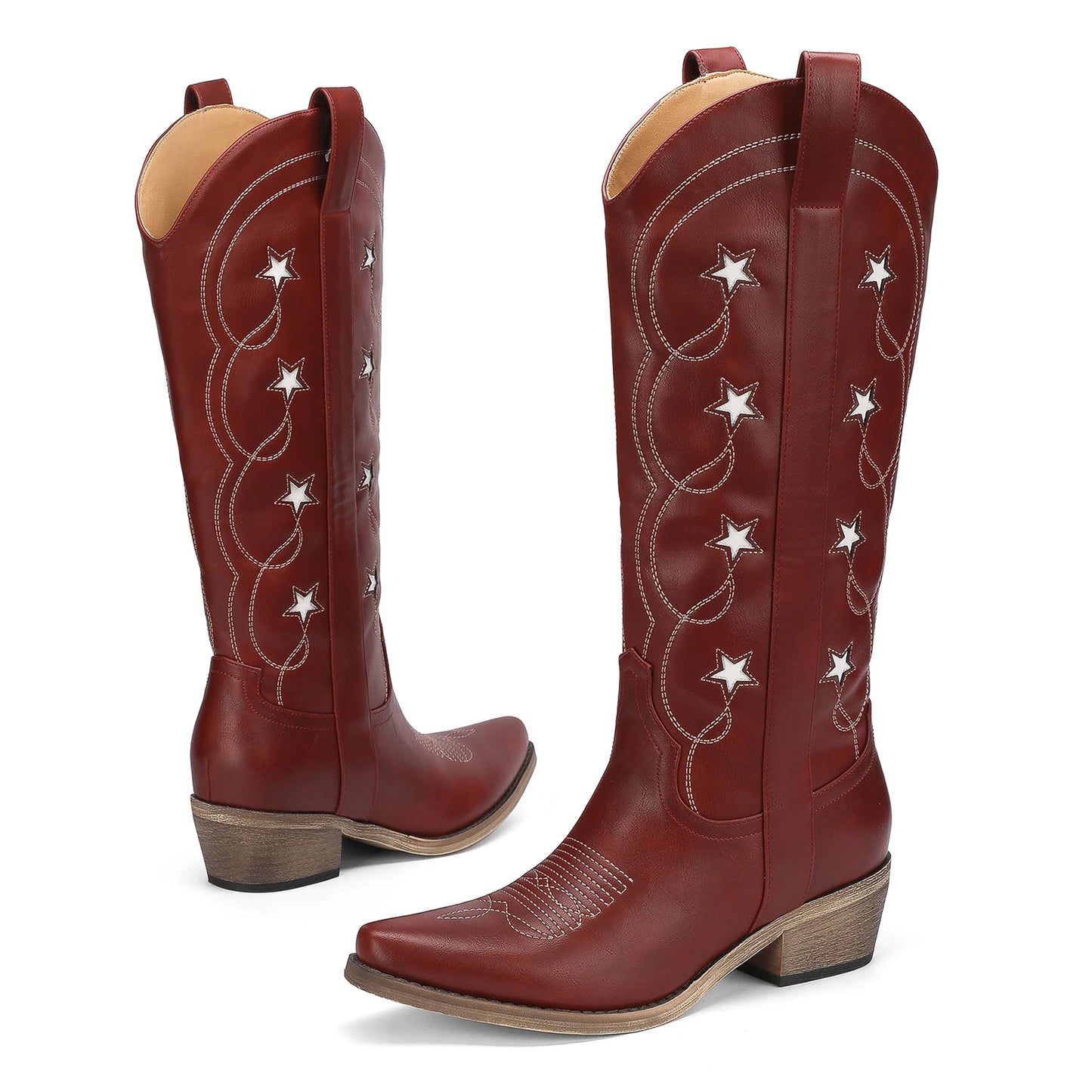 Red Women's Cowboy Boots – Knee-High, Star Embroidery, Chunky Heel, Pointed Toe