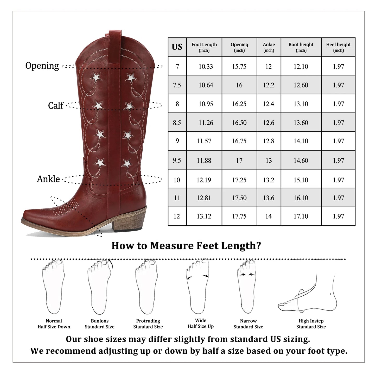 Red Women's Cowboy Boots – Knee-High, Star Embroidery, Chunky Heel, Pointed Toe