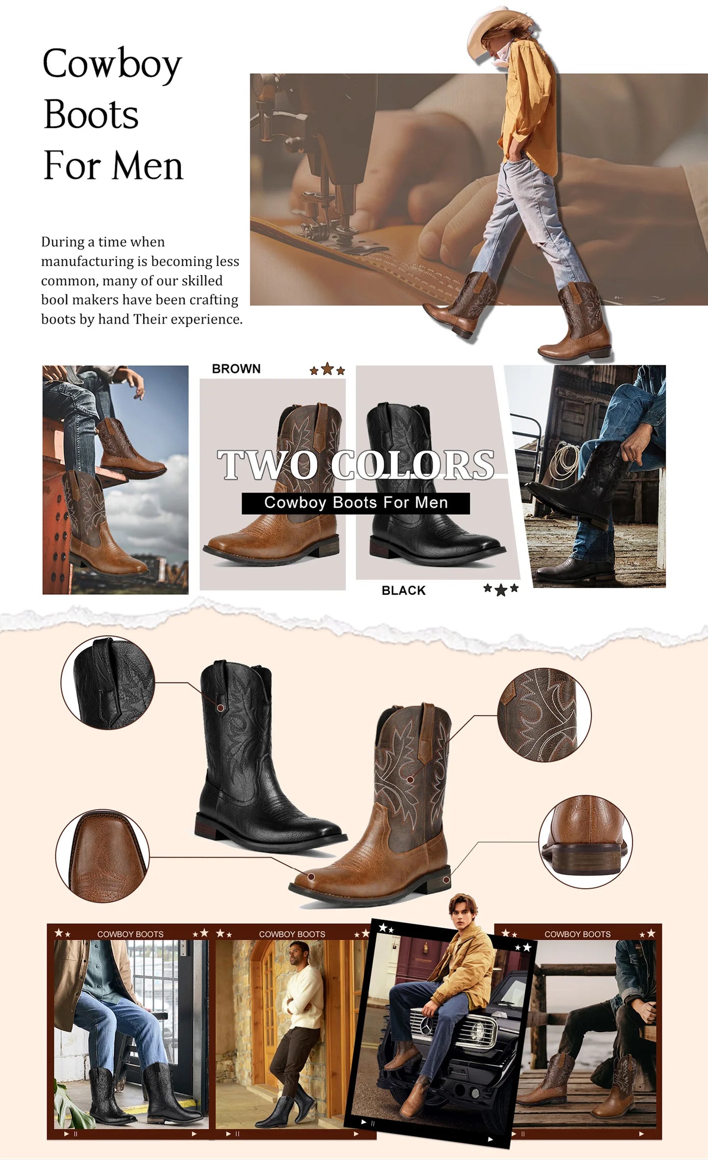Men's Western Cowboy Boots: Classic Embroidered Slip-On with Square Toe