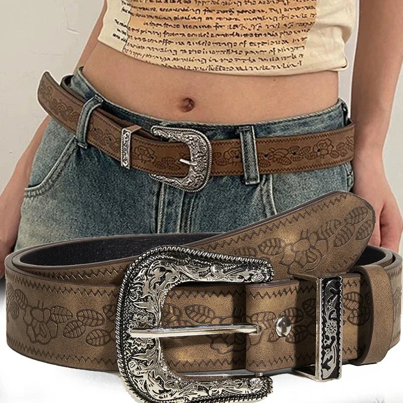Y2K Pattern Print Belt Western PU Leather for Women Designer Brand Metal Buckle Pin Waist Belt Girls Hip Hop Fashion Waistband