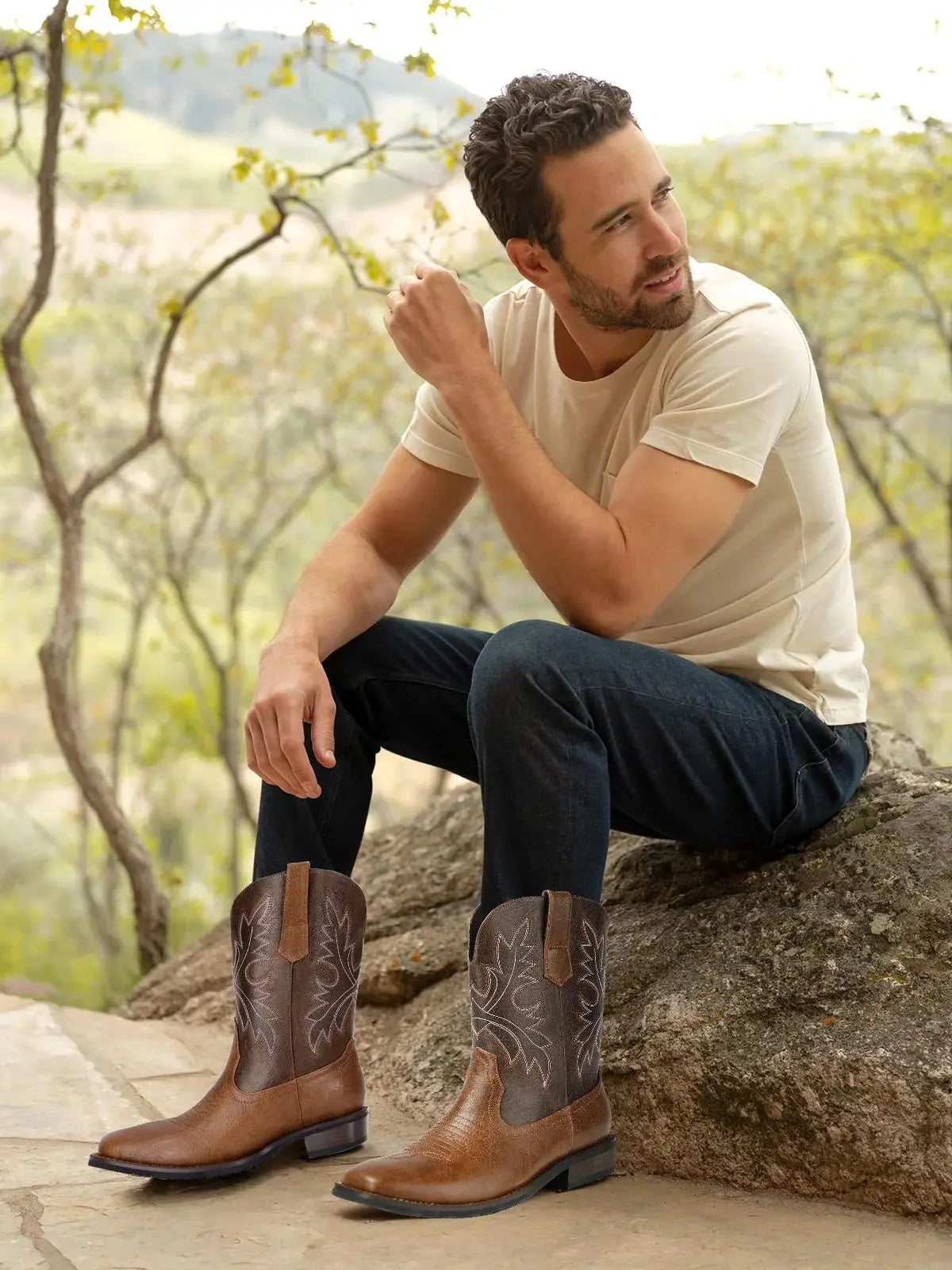 Men's Western Cowboy Boots: Classic Embroidered Slip-On with Square Toe