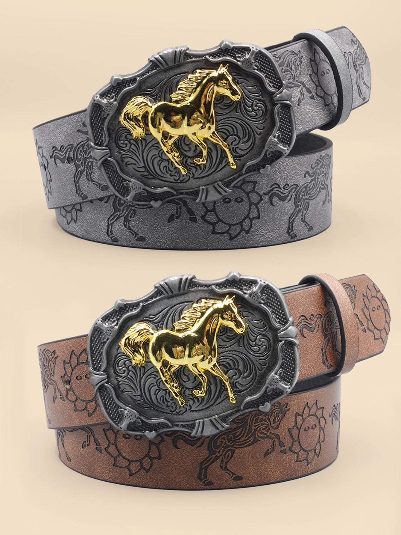 Western Cowboy Style Vintage Casual Belt - Horse Carved Buckle & Bohemian Print, Perfect for Daily Commute & Dating Outfits