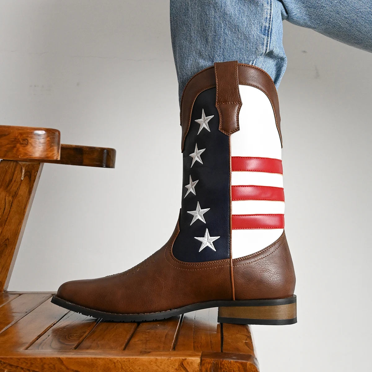 Men's Trendy High Top Cowboys Boots With Stars And Stripes Pattern
