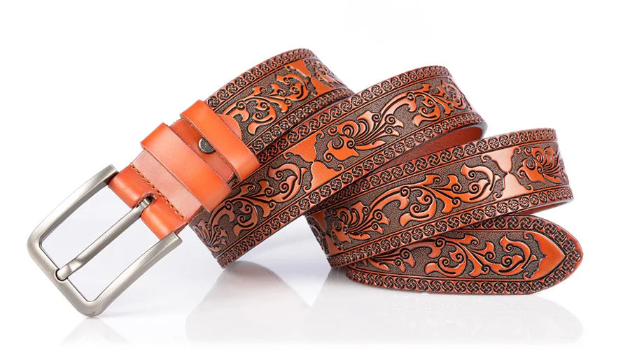 Men's carve pattern Genuine Leather Belt pin buckle waistband  Pure Cowhide  Jeans  Vintage  Punk Luxury Fashion High-grade belt