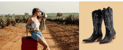 Women's Cowboy Boots Western Cowgirl Boots Fashion Embroidered Pointed Toe Chunky Heel Mid Calf Boots