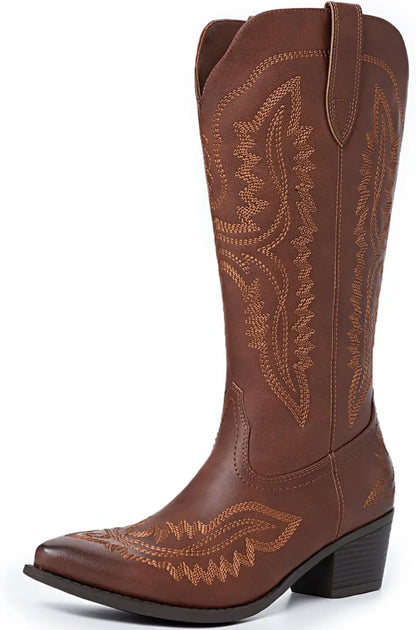 Cowboy Boots for Women Western Cowgirl Square Toe boots Embroidery Chunky Heel Mid-Calf Boots