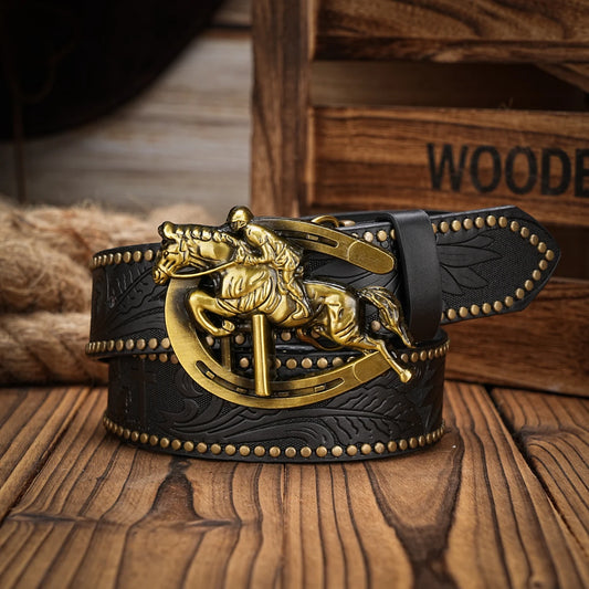 Men & Women-Western-Cowboy-PU Leather-Belts - Vintage horse Belt Floral Engraved Buckle Belt for Jeans