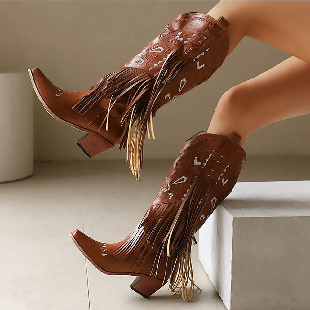 GIGIFOX Retro Tassel Embroidered Cowgirl Mid-Calf Women Western Boots Pointed Toe Chunky High Heel Cowboy Cool All-Match Shoes