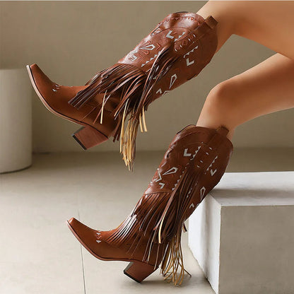 GIGIFOX Retro Tassel Embroidered Cowgirl Mid-Calf Women Western Boots Pointed Toe Chunky High Heel Cowboy Cool All-Match Shoes