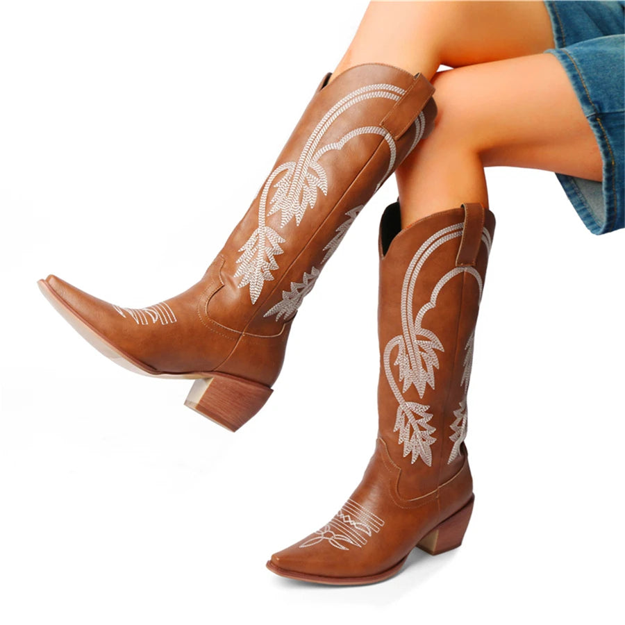 Meotina Women Knee High Cowboy Boots Pointed Toe Thick High Heels Embroidery Western Cowgirl Gogo Boots Ladies Fashion Shoes 43