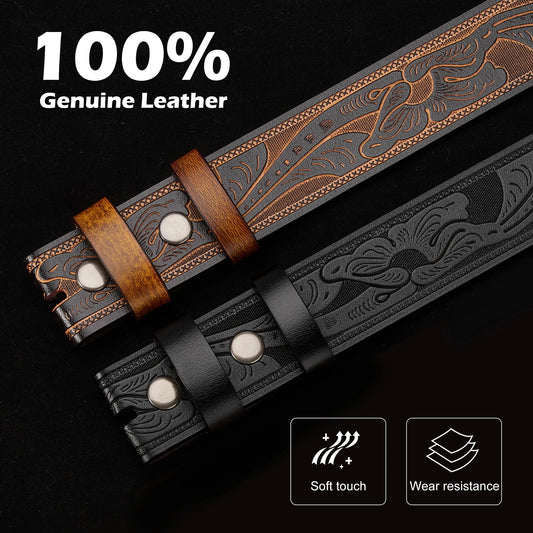 BISON DENIM Mens Belt Western Embossed Genuine Leather Men Cowboy Belts With Longhorn Bull Buckle Pattern Floral Belt For Men
