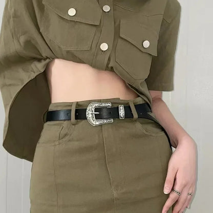 Y2K Pattern Print Belt Western PU Leather for Women Designer Brand Metal Buckle Pin Waist Belt Girls Hip Hop Fashion Waistband