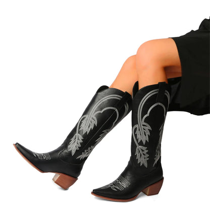 Meotina Women Knee High Cowboy Boots Pointed Toe Thick High Heels Embroidery Western Cowgirl Gogo Boots Ladies Fashion Shoes 43