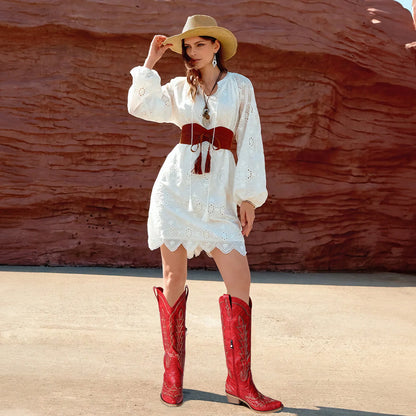 Women's Knee-High Cowboy Boots - Embroidered Western Cowgirl Boots, Pointed Toe, Chunky Heel, Pull-On Zipper, Vintage Style