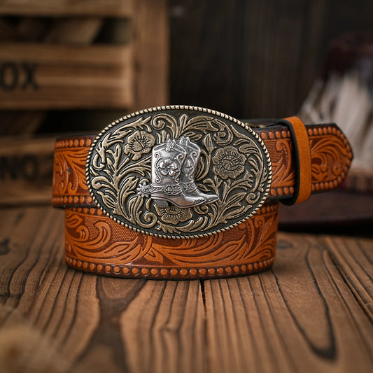 Men & Women-Western-Cowboy-PU Leather-Belts - Vintage Belt Floral Engraved Buckle Belt for Jeans