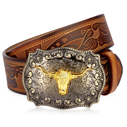 Men's Western Embossed Genuine Leather Belts with Golden Cowboy Longhorn Bull Buckle Belt Business Waist Straps For Men Droping