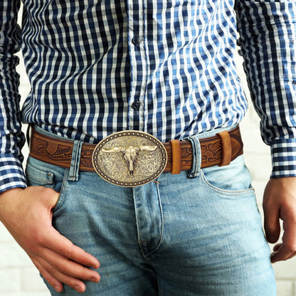Men's Western Embossed Genuine Leather Belts with Golden Cowboy Longhorn Bull Buckle Belt Business Waist Straps For Men Droping