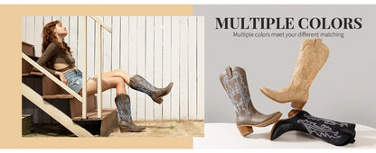 Women's Cowboy Boots Western Cowgirl Boots Fashion Embroidered Pointed Toe Chunky Heel Mid Calf Boots