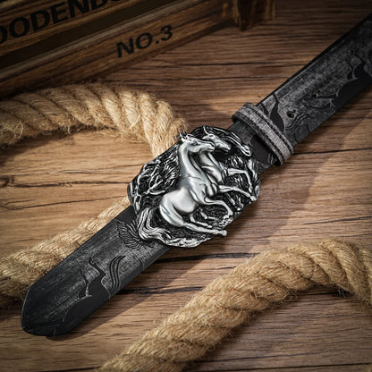 Western Cowboy PU Leather Belt - Men Waist Strap Bull Decoration Floral Engraved for Jeans