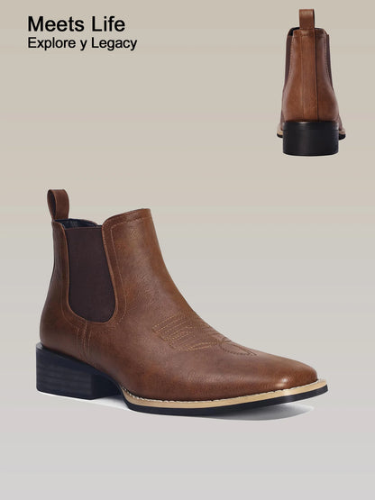 Western Cowboy Boots for Men - Mens Square Toe Chelsea Boots Ankle Cowboy Boots for Men Casual Retro Stylish Boots Brown