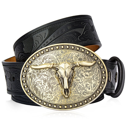 Men's Western Embossed Genuine Leather Belts with Golden Cowboy Longhorn Bull Buckle Belt Business Waist Straps For Men Droping