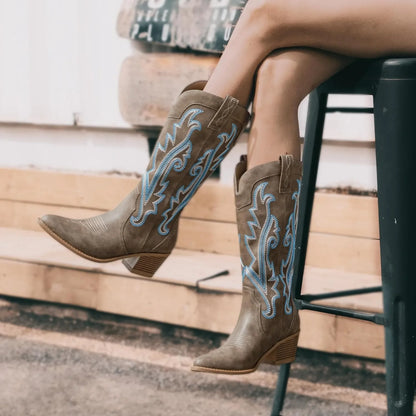Women's Cowboy Boots Western Cowgirl Boots Fashion Embroidered Pointed Toe Chunky Heel Mid Calf Boots