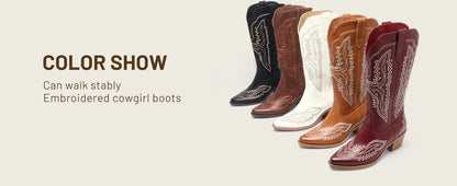 Cowboy Boots for Women Western Cowgirl Square Toe boots Embroidery Chunky Heel Mid-Calf Boots
