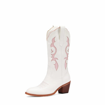 Women's Red Floral Embroidered Cowboy Boots - White Knee-High, Pink Toe, Chunky Heel. Fashionable Western Style