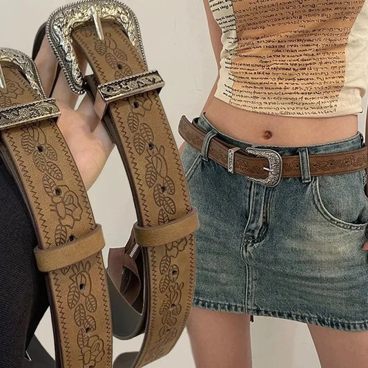 Y2K Pattern Print Belt Western PU Leather for Women Designer Brand Metal Buckle Pin Waist Belt Girls Hip Hop Fashion Waistband