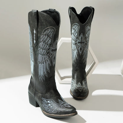 Chic Women's Embroidered Western Cowboy Boots – Angel Wings Design, Slip-On Mid-Calf Boots with Chunky Heel, Vintage Cowgirl Boo