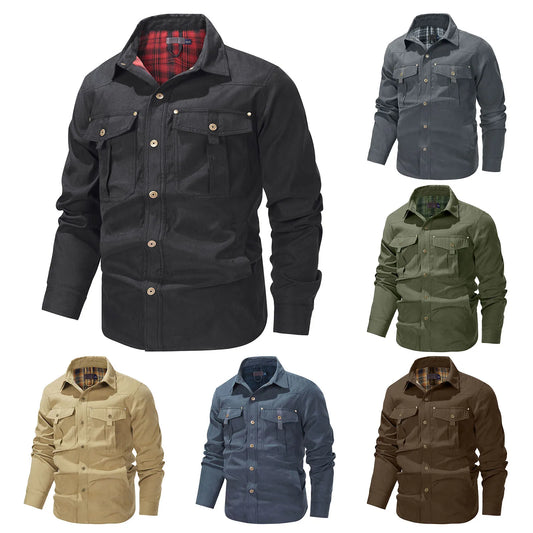 Mens Plus Size Lapel Plaid Flannel Casual Jacket European And Retro Foreign Trade Winter Warm Thickened Solid Color Jacket