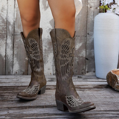 Chic Women's Embroidered Western Cowboy Boots – Angel Wings Design, Slip-On Mid-Calf Boots with Chunky Heel, Vintage Cowgirl Boo