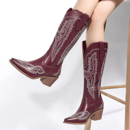Cowboy Boots for Women Western Cowgirl Square Toe boots Embroidery Chunky Heel Mid-Calf Boots