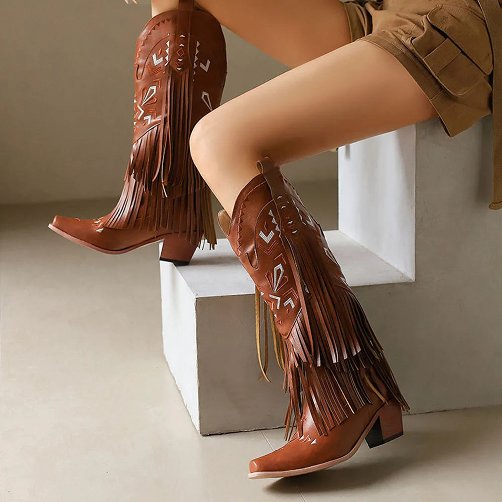 GIGIFOX Retro Tassel Embroidered Cowgirl Mid-Calf Women Western Boots Pointed Toe Chunky High Heel Cowboy Cool All-Match Shoes