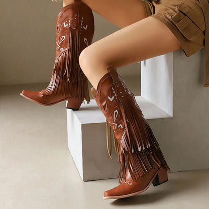 GIGIFOX Retro Tassel Embroidered Cowgirl Mid-Calf Women Western Boots Pointed Toe Chunky High Heel Cowboy Cool All-Match Shoes