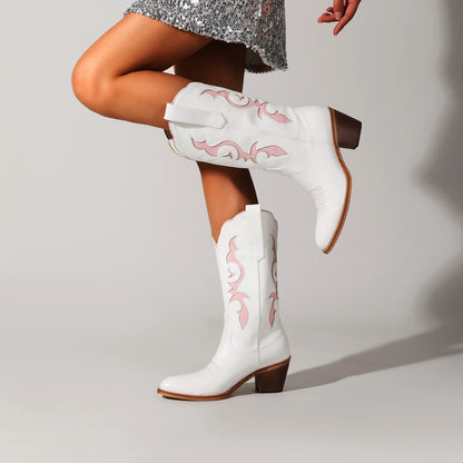 Women's Red Floral Embroidered Cowboy Boots - White Knee-High, Pink Toe, Chunky Heel. Fashionable Western Style