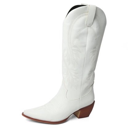 Meotina Women Knee High Cowboy Boots Pointed Toe Thick High Heels Embroidery Western Cowgirl Gogo Boots Ladies Fashion Shoes 43