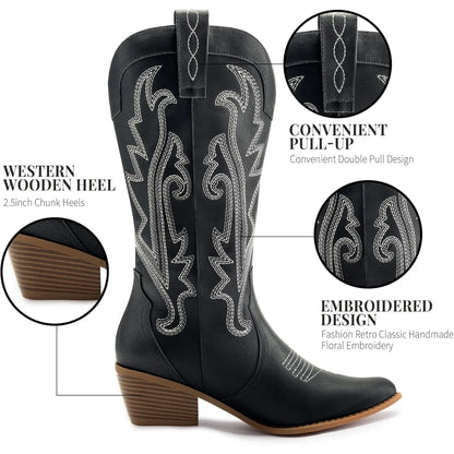 Women's Cowboy Boots Western Cowgirl Boots Fashion Embroidered Pointed Toe Chunky Heel Mid Calf Boots