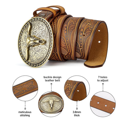 Men's Western Embossed Genuine Leather Belts with Golden Cowboy Longhorn Bull Buckle Belt Business Waist Straps For Men Droping