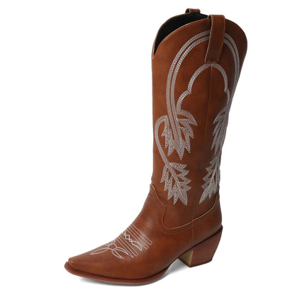 Meotina Women Knee High Cowboy Boots Pointed Toe Thick High Heels Embroidery Western Cowgirl Gogo Boots Ladies Fashion Shoes 43